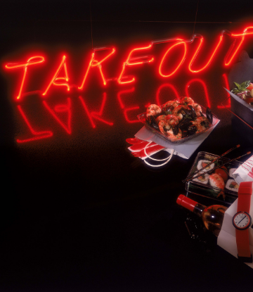 Supply Chain Scene, picture of a neon "Takeout" sign with food 