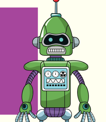 Cartoon graphic of a green "robot" 
