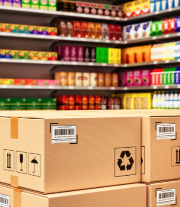 SCS, image of a food warehouse with products on shelves and in boxes 