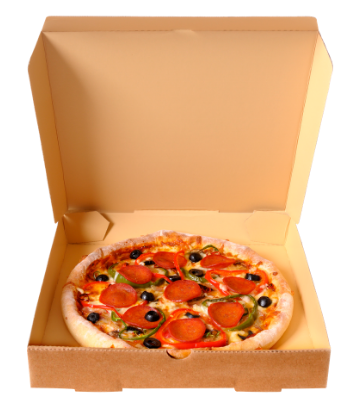 SCS, image of an open cardboard pizza box, with pizza 