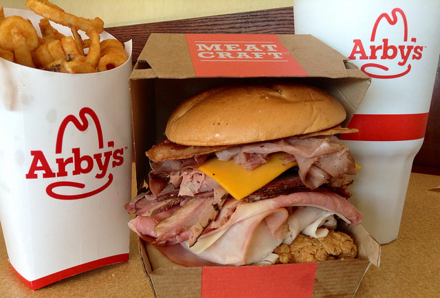 Arby's meal: fries, meaty sandwich, drink