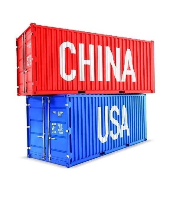 Red shipping container labeled "China" stacked on top of blue shipping container labeled "USA".