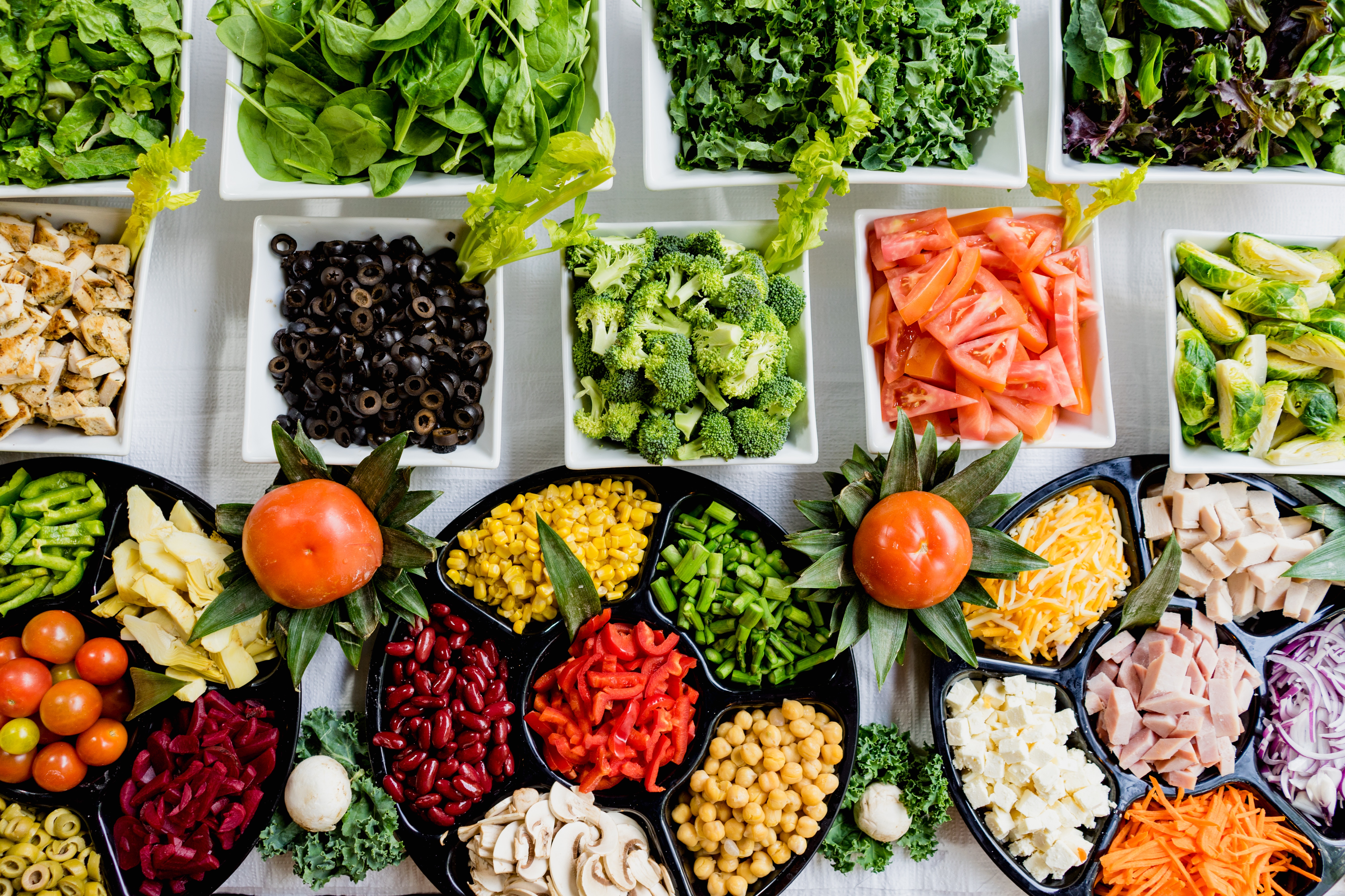Salad bar filled with colorful vegetables and ingredients