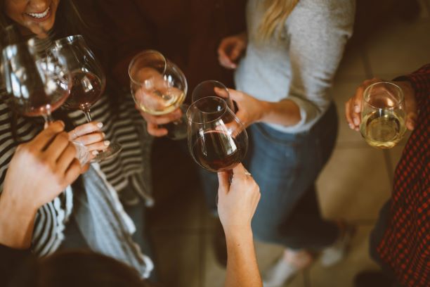 Women holding wine glasses, swirling and clinking glasses.