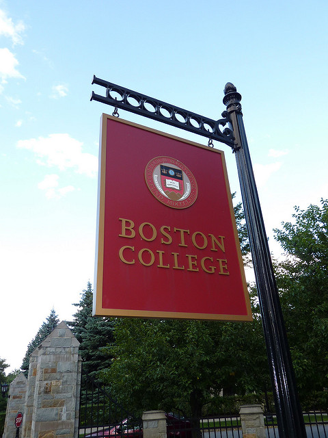 Maroon, hanging Boston College sign