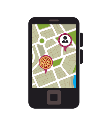 Supply Chain Scene, graphic of a pizza GPS phone tracker