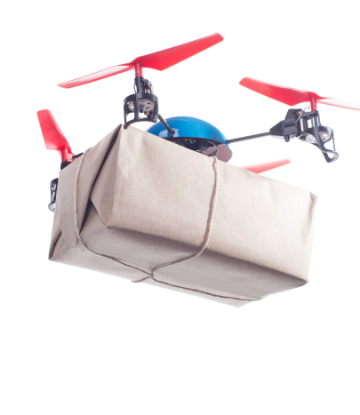 Supply Chain Scene, image of a drone carrying a white box 