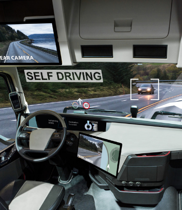 Supply hain Scene, image of the cab of an autonomous truck 