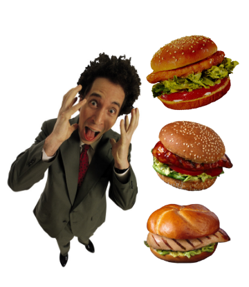 Supply Chain Scene, image of crazed man with three chicken sandwiches 
