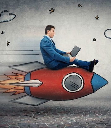 Supply Chain Scene, image of a business person sitting on a rocket 
