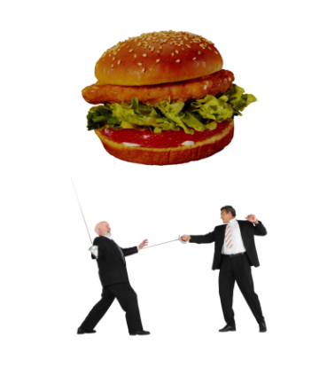 Supply Chain Scene, image of two men dueling with swords underneath a giant chicken sandwich 