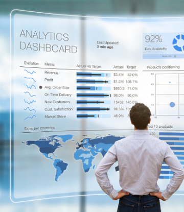 Supply Chain Scene, image of man standing before a wall sized KPI Dashboard 