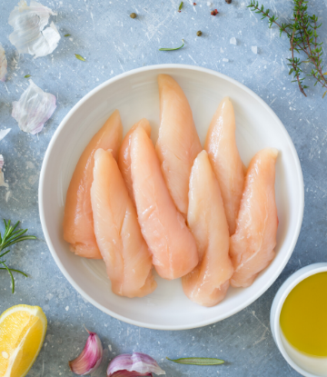 Image of real, raw chicken breast fillets in a white bowl 