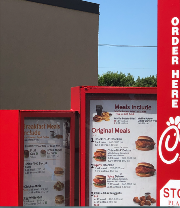 SCS, image of the drive thru menu board at Chick fil A 