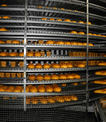 SCS, image of a commercial baking rack filled with bread loaves 