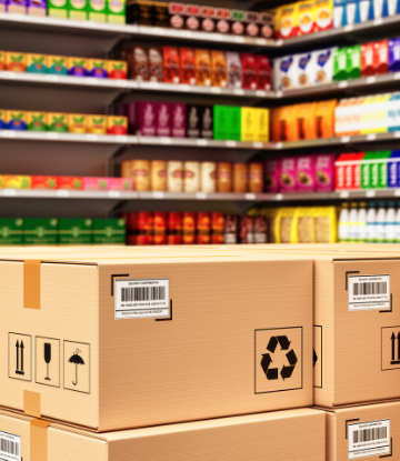 SCS, image of a food warehouse with products on shelves and in boxes