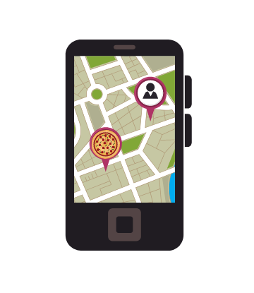 SCS, rendering of a map on an iphone with a pizza icon and a customer location ocp 