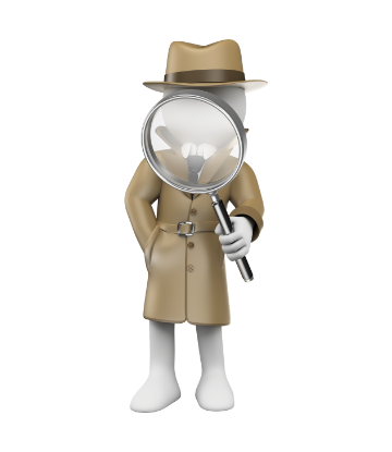 SCS, rendering of a cartoon wearing a trench coat holding a magnifying glass 