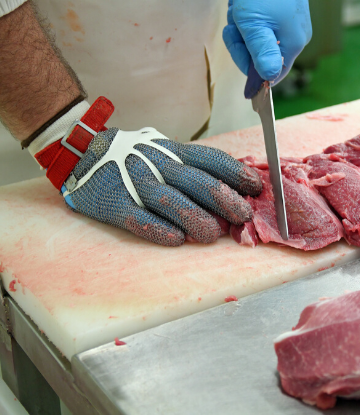 SCS, image of a gloved hand with knive filleting meat on a cutting board