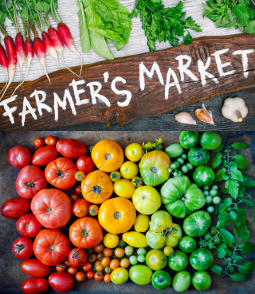 SCS, sign that says FARMER's MARKET surrounded by colorful vegetables 