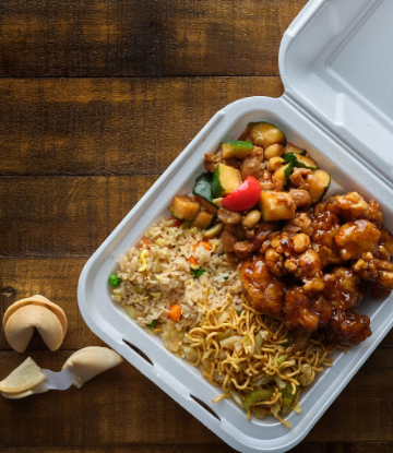 SCS, image of a clam shell package with Chinese take away food 
