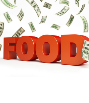 Graphic of the word FOOD with falling dollar bills all around it