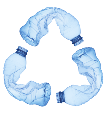 Image of plastic watter bottles crunched in to a RECYCLE symbol 