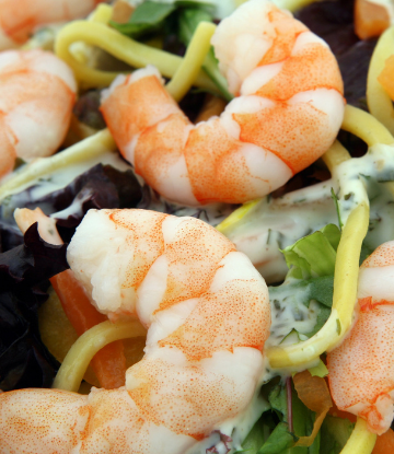 Image of a meal of cooked shrimp and pasta 