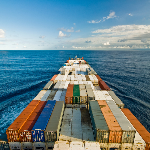 Image of a container ship on open water 