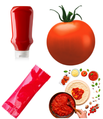 fresh tomato, ketchup, pizza sauce and ketchup packet 