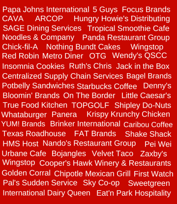 Brands shown in white font on red background
