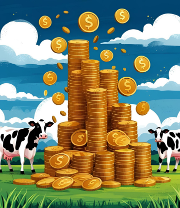 Dairy cows next to piles of gold coins, illustrated 