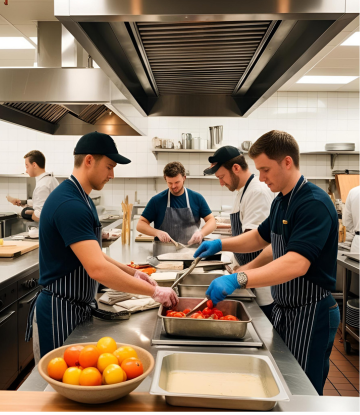 Restaurant kitchen with workers