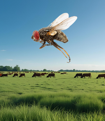 Screwworm flying over cattle in the field