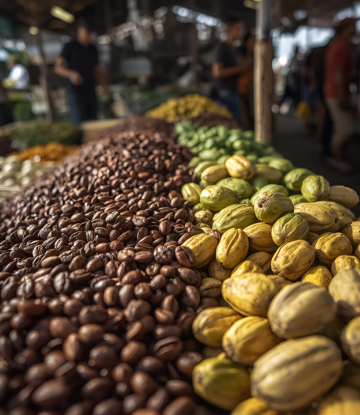 Coffee beans next to cocoa pods