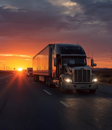 Truck on the road at sunset 