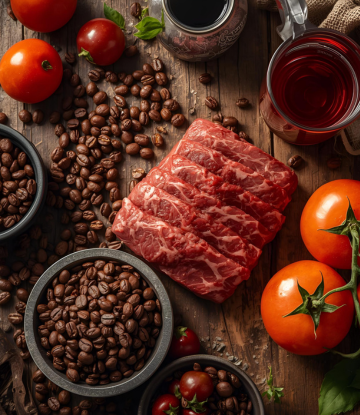 Beef, tea, coffee, tomatoes