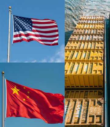 China and US flags with shipping containers 