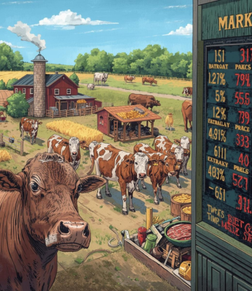 Rendering of cows next to a price ticker board 