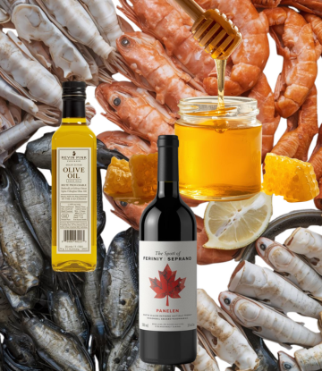 Seafood, olive oil, wine and honey 