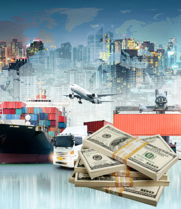 Pile of money with modes of import transporation