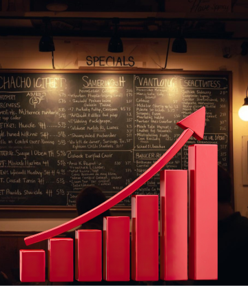 Restaurant menu board with red arrows pointing up