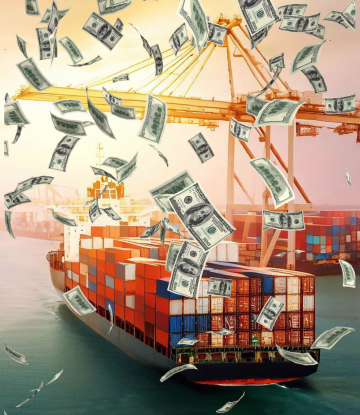 Container ships with money raining down 