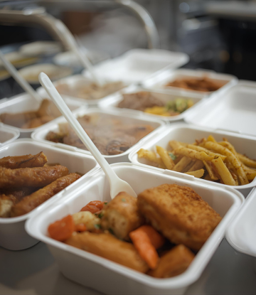 Takeout food in polystyrene containers 