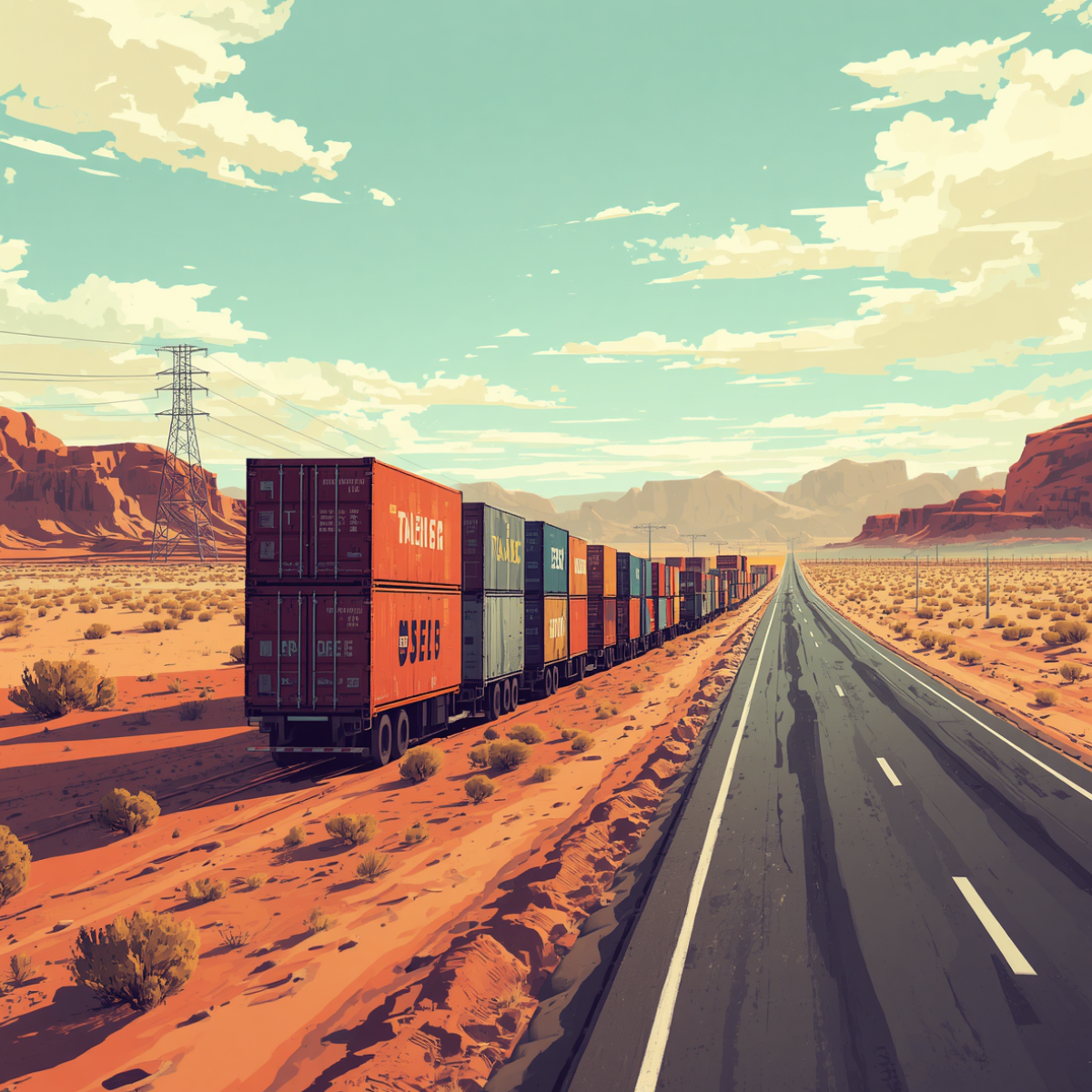 Train on the tracks in a rural desert 