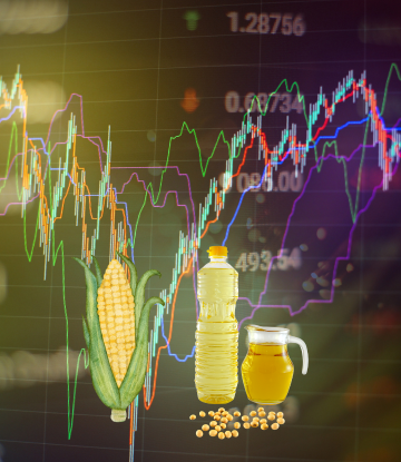 corn, oil, grain next to a commodity ticker 